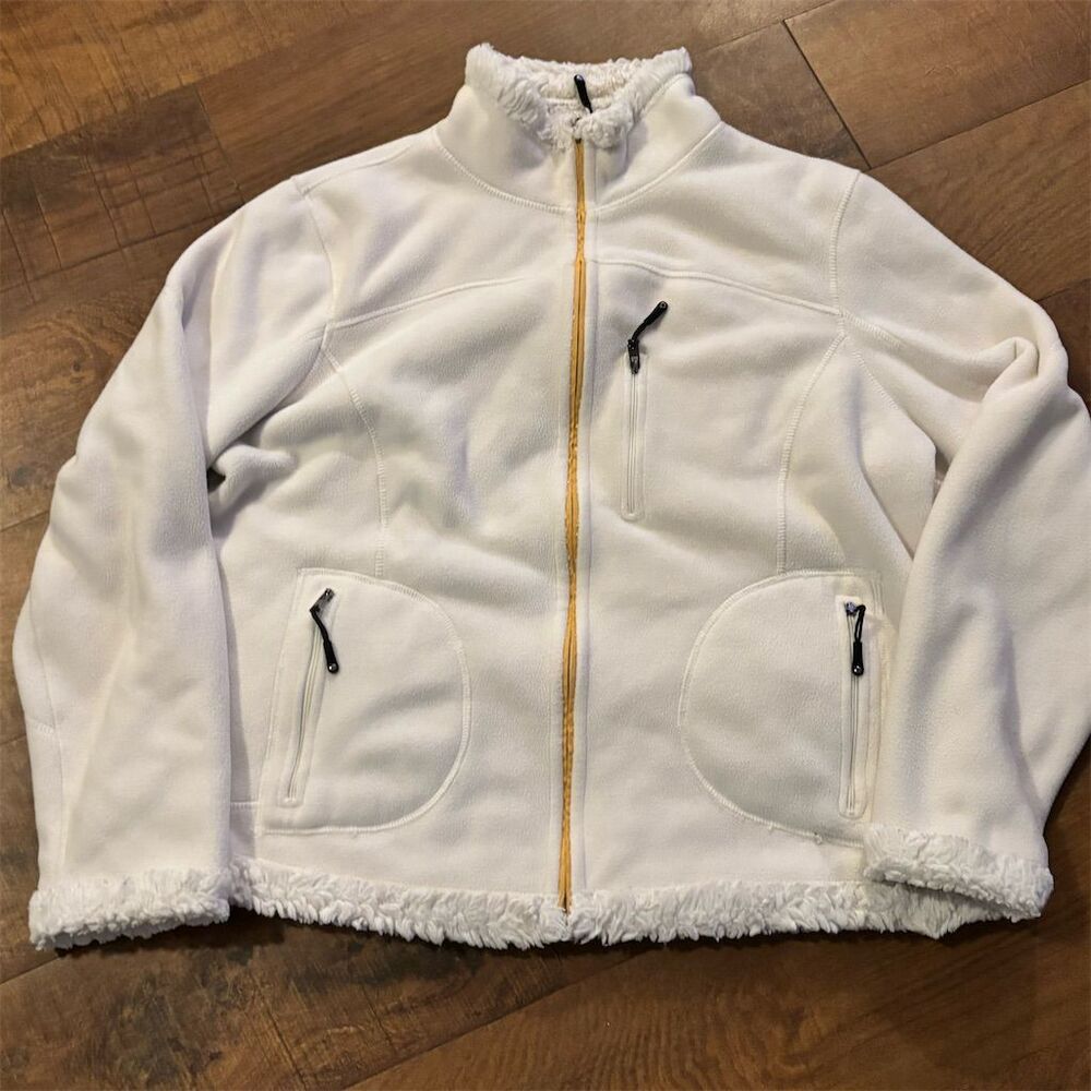 Green Tea Women's White Fleece Jacket M Sherpa Lined Full Zip Casual